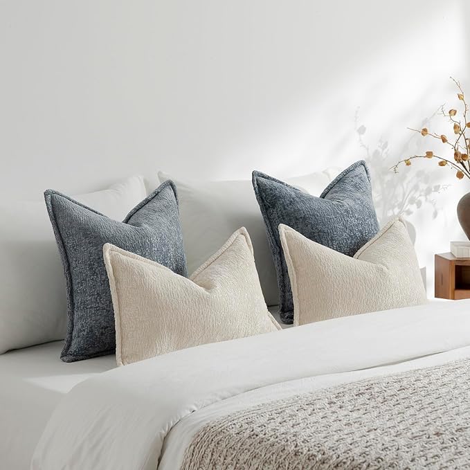 DEZENE Pack of 2 Dusty Blue Decorative Throw Pillow Covers 20x20 Cozy Soft Chenille Boho Accent Vintage Farmhouse Square Couch Pillow Covers for Home Decor Bed Sofa Living Room