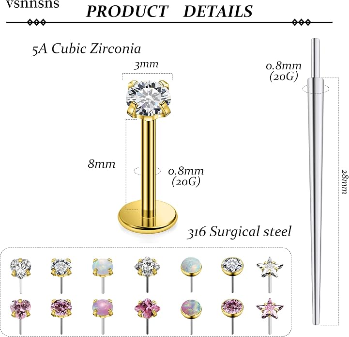 Vsnnsns 14K Gold Plated 16G 18G 20G Threadless Nose Rings Studs Flat Back Earrings Stainless Steel Tragus Helix Conch Earrings Stud Snake Bite Lip Rings Labret Medusa Piercing Jewelry for Women Men