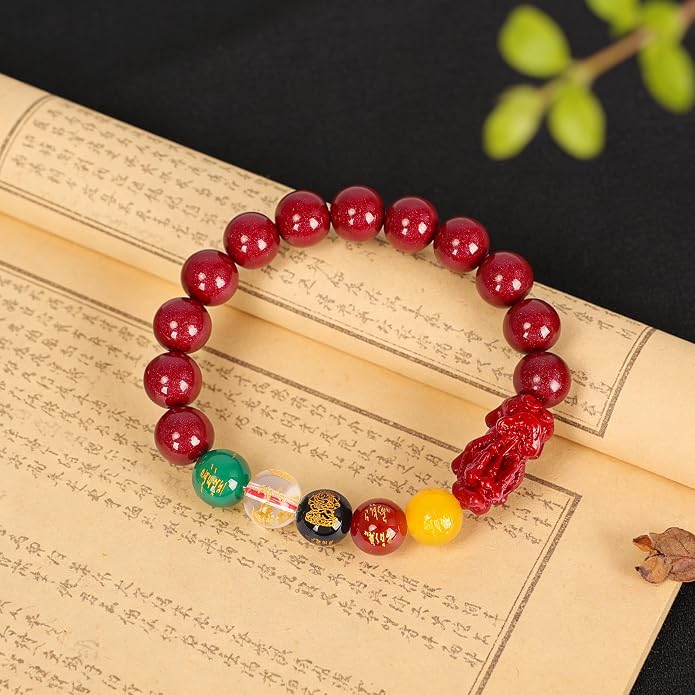 Five Roads Wealth God Cinnabar Pixiu Bracelet - Feng Shui Red String Bracelet for Good Luck & Money Attraction, Fortune Blessing for Men & Women, Adjustable Lucky Charm Bracelet (Classic & Cinnabar Options, 8/10/12mm)