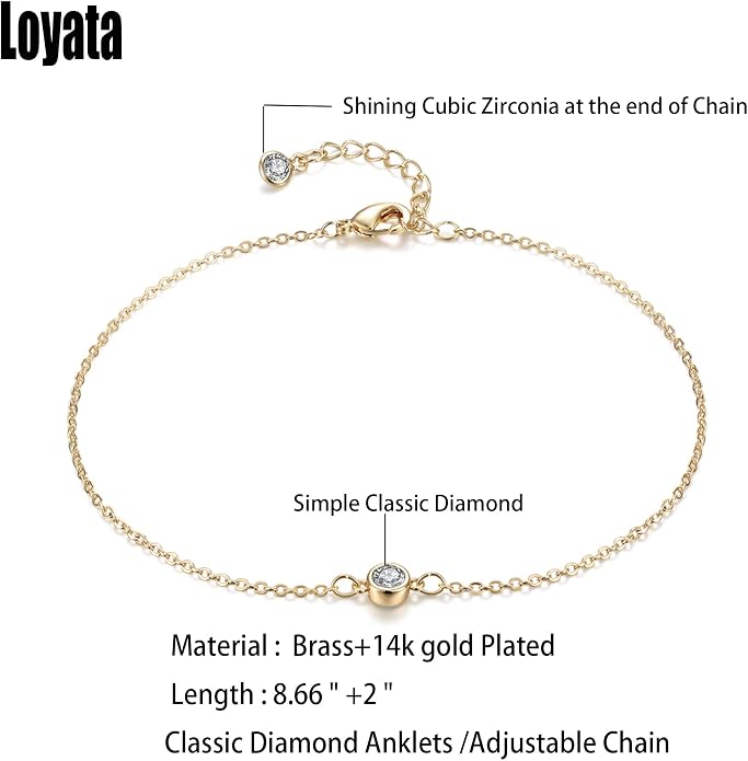 LOYATA Dainty Ankle Bracelet,14K Gold Plated Tiny Bead Anklet Dainty White Cubic Zirconia Cross Tassel Foot Chain Cute Lucky Moon Evil Eye Foot Jewelry Boho Anklets for Women