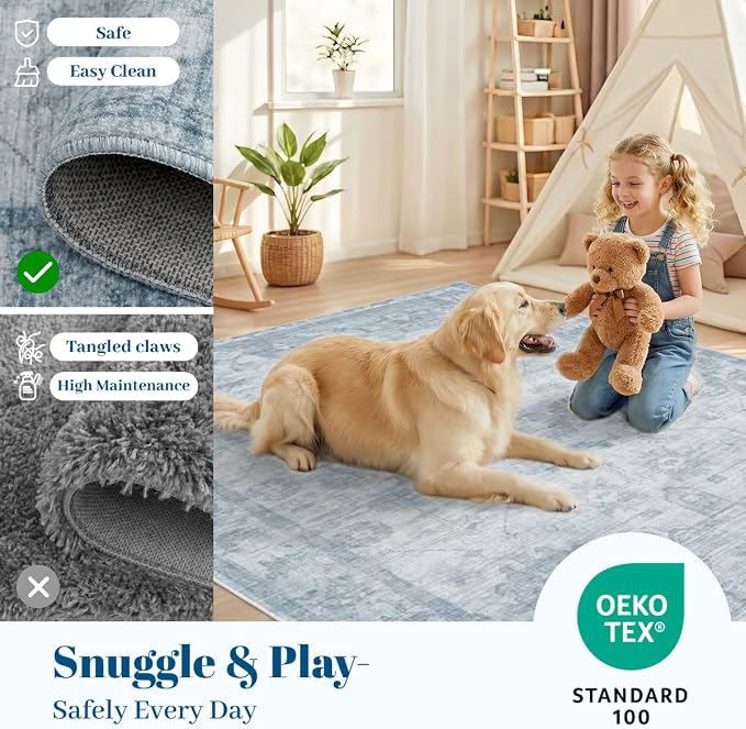 Homemate Washable Rug 4x6 Area Rugs - Vintage Faux Wool Rugs for Living Room Bedroom Dining Room - Non Slip Foldable Carpet Indoor Area Rug for Home Decor（4'x6', Blue