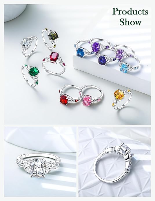 925 Sterling Silver Birthstone Rings for Women Cushion Cut Engagement Celtic Knot Ring Irish Jewelry Created Gemstone Anniversary Rings Size 6-10(with Box)