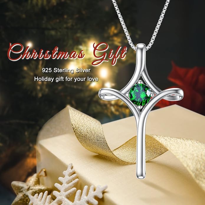 TOUPOP Cross Necklace for Women 925 Sterling Silver Birthstone Cross Pendant Fine Jewelry Anniversary Birthday Mothers Day Gifts for Mom Wife Her