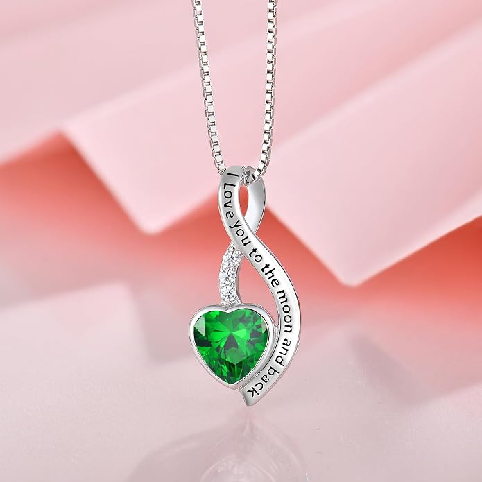 I Love You to The Moon and Back Necklace for Women, 925 Sterling Silver Heart Birthstone Pendant Necklace Jewelry Anniversary Birthday Gifts for Girls Women Wife Mom Daughter