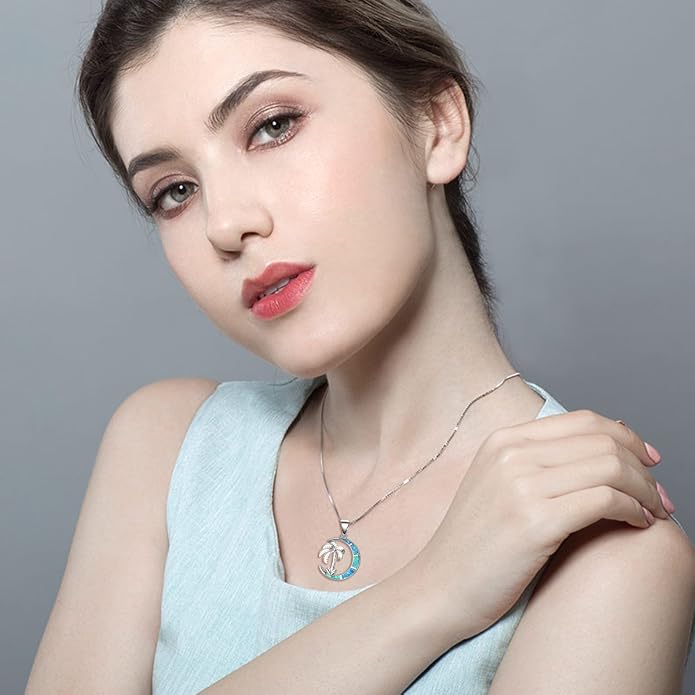 SOULMEET Palm Tree Jewelry Necklace for Women Sterling Silver Simulated Opal Necklace for Her
