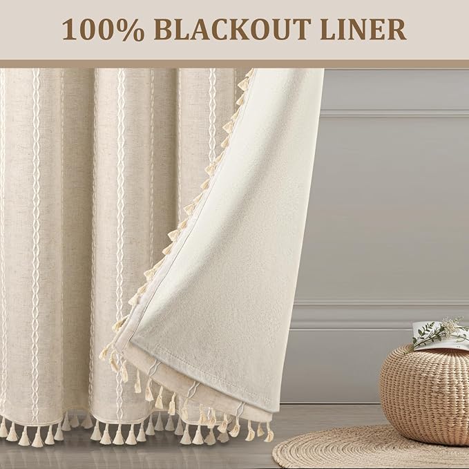 Boho Blackout Curtains 2 Panels 84 Inch for Living Room Bedroom, Beige Linen Texture Farmhouse Curtains with Tassels and Cotton Embroidery Vintage Rustic Western Rod Pocket