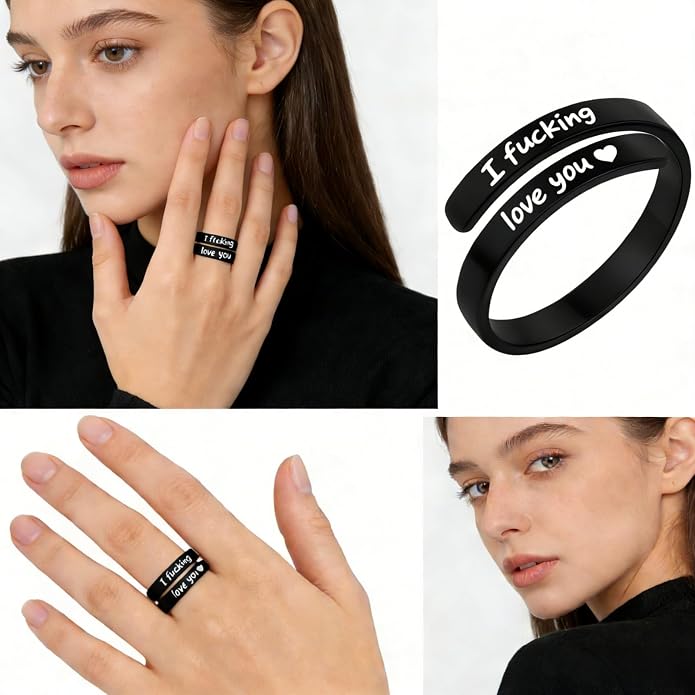 I Fcking Love You Ring, Stainless Steel Engraved Inspirational Words Heart Open Adults Women Vintage Promise Rings Lover Wife Jewelry