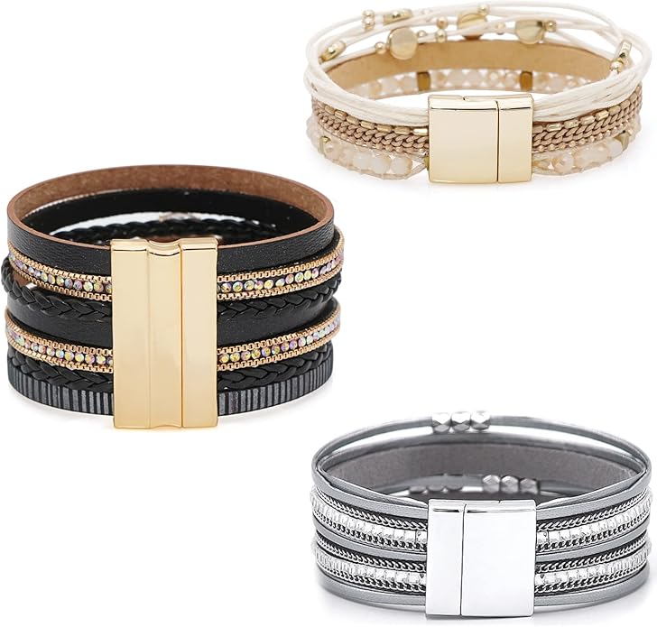 Wowanoo 3Pack Leather Cuff Bracelet Set Multilayer Wrap Bracelet Crystal Feather Tree Bracelet Magnetic Clasp Bracelet for Women