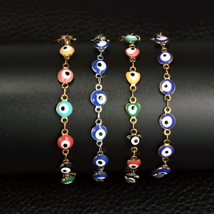 2 Pcs Evil Eye Anklet Bracelets for Women Men,18K Gold Plated Stainless Steel, Handmade Adjustable Amulet, Evil Eyes Jewelry for Family Best Friends