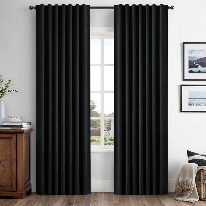MIULEE 100% Blackout Linen Curtains for Bedroom 42 x 84 Inch Black 2 Panels | Thermal Insulated, Room Darkening Drapes for Living Room, Back Tab Rod Pocket Pinch Pleated, Solid Luxury Decor