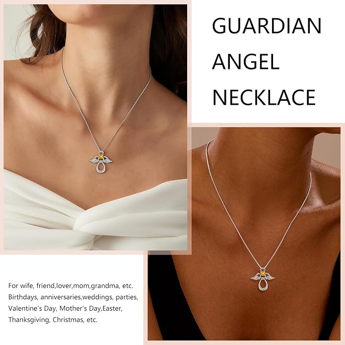 925 Sterling Silver Guardian Angel Pendant Necklace for Women with Birthstone Cubic Zirconia Little Angel Pendant Necklace Jewelry 18 inch Chain