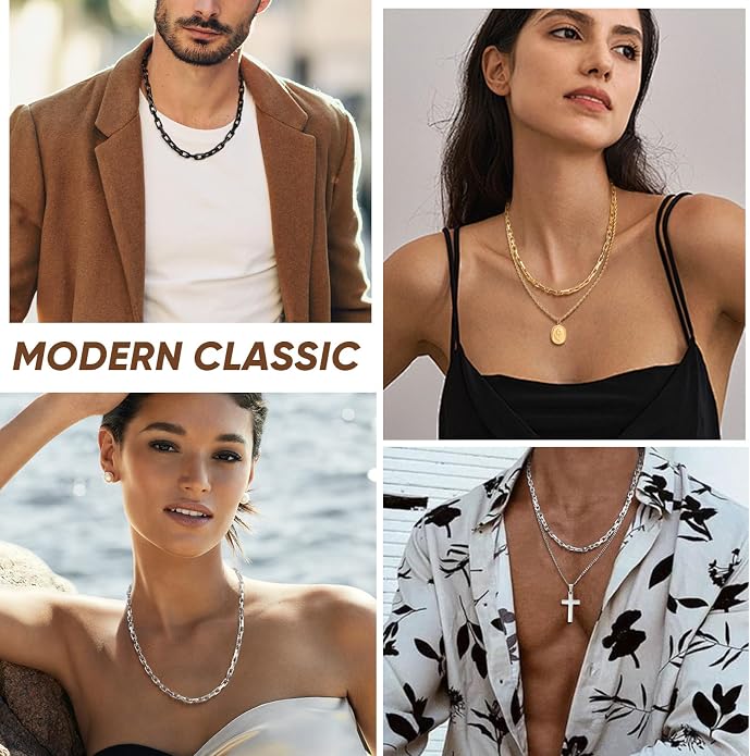VNOX Paperclip Necklace for Men Women, 4.5/6.5/7mm Solid Diamond-Cut Chunky Stainless Steel Anchor Link Chain Mens Necklaces Jewelry Gifts, 18/20/22/24 Inchs