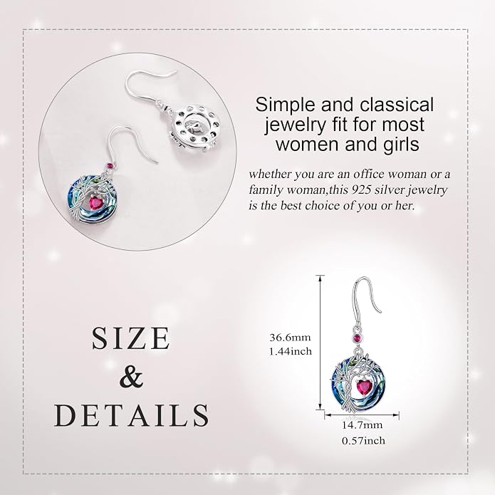 POPLYKE Tree of Life Birthstone Earrings 925 Sterling Silver Dainty Gemstone Birthstone Dangle Drop Earring with Crystal Fine Jewelry Birthday Gifts for Women Her