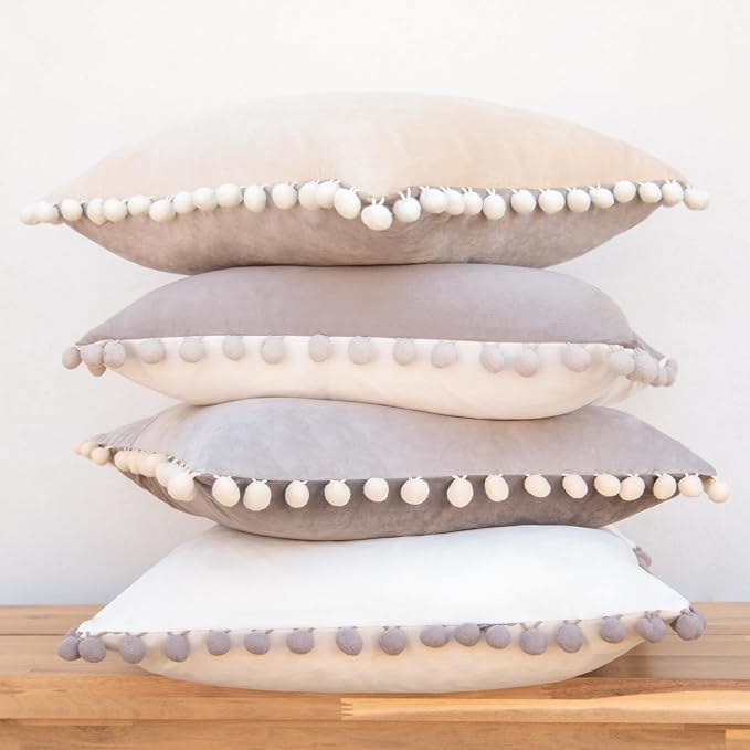 MONDAY MOOSE Decorative Throw Pillow Covers Cushion Cases, Set of 4 Soft Velvet Pom Poms Double-Sided Designs, Pillow Inserts Not Included (16x16 inch, Stone Gray/Beige Cream)