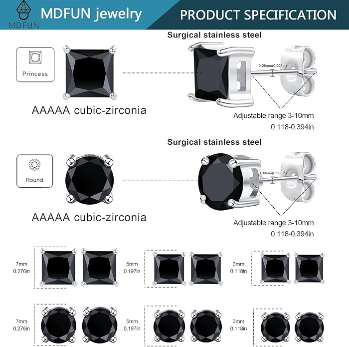 MDFUN 6 Pairs Stud Earrings Set 3mm/5mm/7mm Princess & Round Cubic Zirconia Earrings Hypoallergenic 316L Surgical Stainless Steel CZ Earrings for Women Men