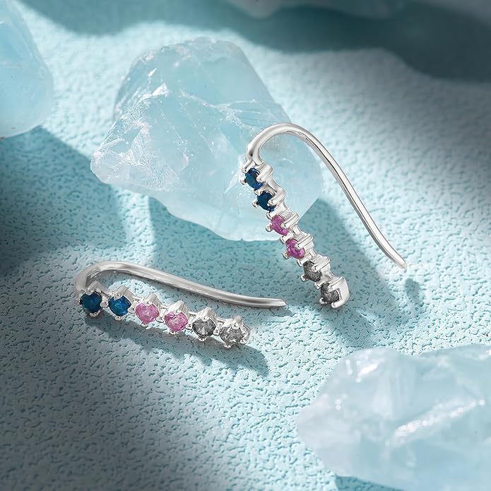 Dainty Colorful Cubic Zirconia Ear Climbers Earrings for Women 925 Sterling Silver 14K Gold Plated Rainbow Gemstone Crawler Earrings Stud Earring Hypoallergenic Ear Clips Wedding Graduation Jewelry Gifts