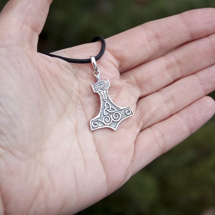 925 Sterling Silver Thor's Hammer Necklace Handmade Replica - Mjolnir Pendant Necklace with Triquetra - Celtic Norse Nordic Viking Jewelry for Men Women