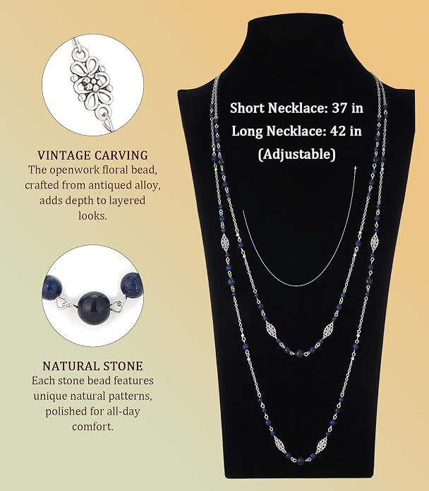 Long Beaded Silver Necklaces for Women Layered Long Statement Necklace with Stone Pearl Beads Double Sweater Chain Costume Jewelry for Women