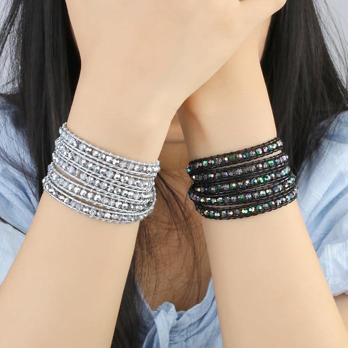 KELITCH Pearl Crystal Beads Bracelets Handmade Natural Leather 5 Wrap Bracelet for Women Classic Bangle Jewelry