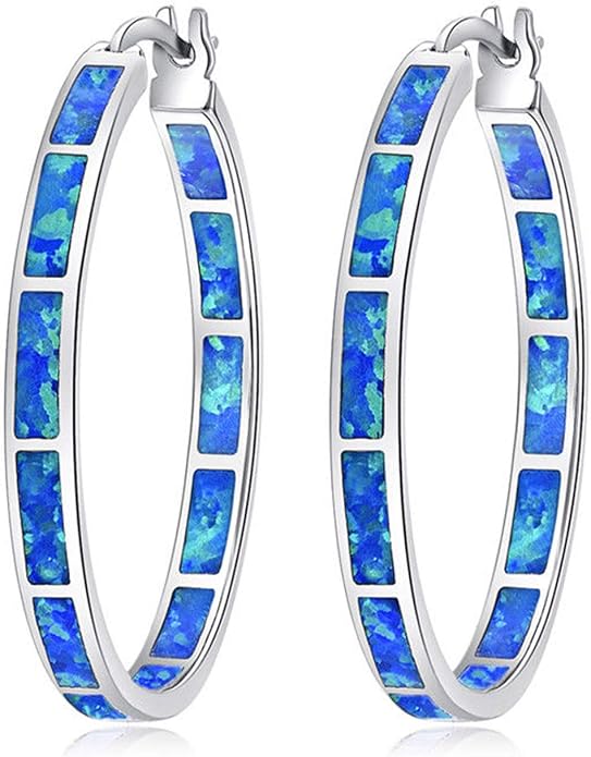 CiNily Opal Hoop Earrings,Women Jewelry Rhodium Plated/Rose Gold or Yellow Gold Plated Gemstone Big Hoop Earrings 32mm