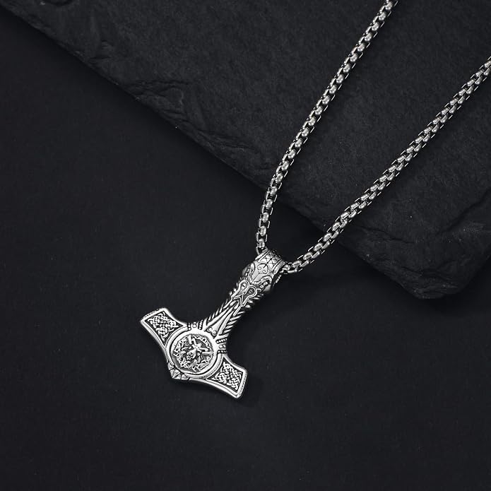 PROESS Thors Hammer Necklace Sterling Silver Celtic Knot Wolf/Lion/Raven Necklace Viking Mjolnir Pendant Jewelry for Men