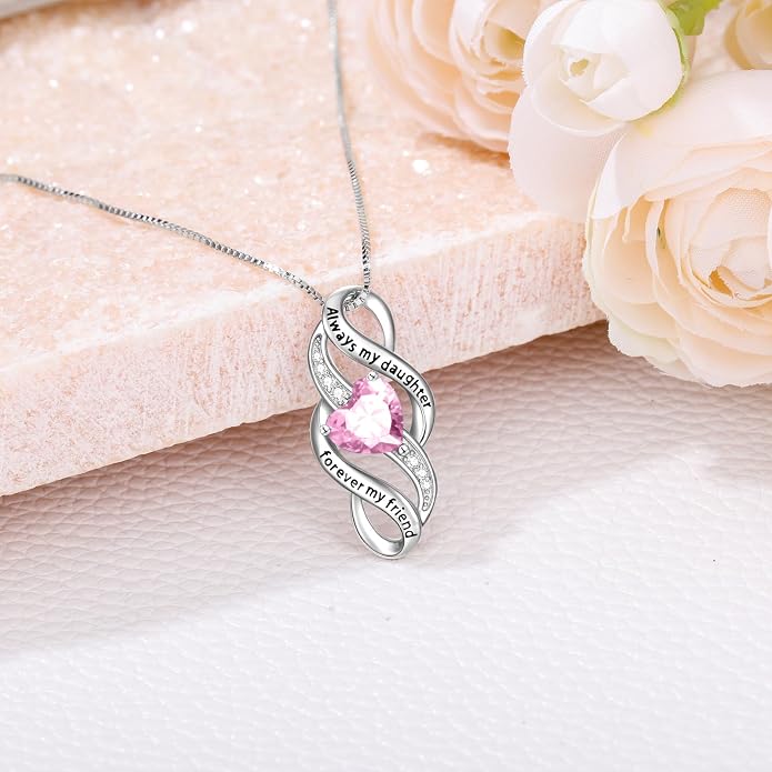 Daughter Necklace 925 Sterling Silver Always My Daughter Forever My Friend Infinity Necklace to Daughter Birthday Gift from Mom with 12 Birthstones