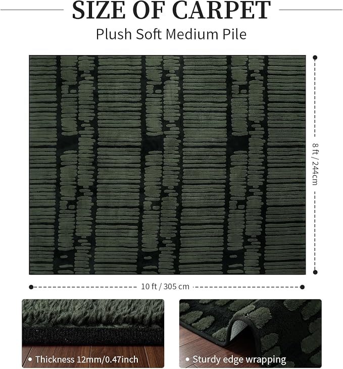 YIHOUSE Abstract 8x10 Area Rug Olive Green: Washable Geometric Rug | Modern, Textured High Low Pile, Fluffy Soft, Striped Carpet for Living Room, Bedroom, Dining Room, Home Office Decor