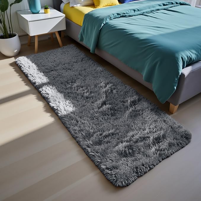 Soft Runner Rugs for Bedroom, Grey 2x6 Area Rugs Fluffy Rug Shag Area Rug Carpet, Bedside Rug for Living Room Bedroom Room Home Decor