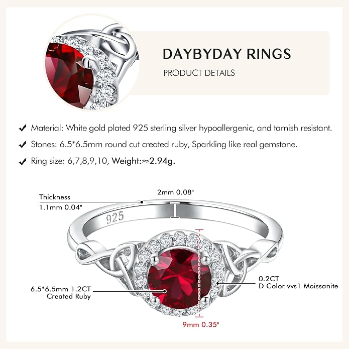 DAYBYDAY Celtic Birthstone Rings for Women 925 Sterling Silver Heart/Round/Pear/Oval Created Gemstone Moissanite Halo Engagement Promise Rings for Her Wife Birthday Anniversary Wedding Jewelry
