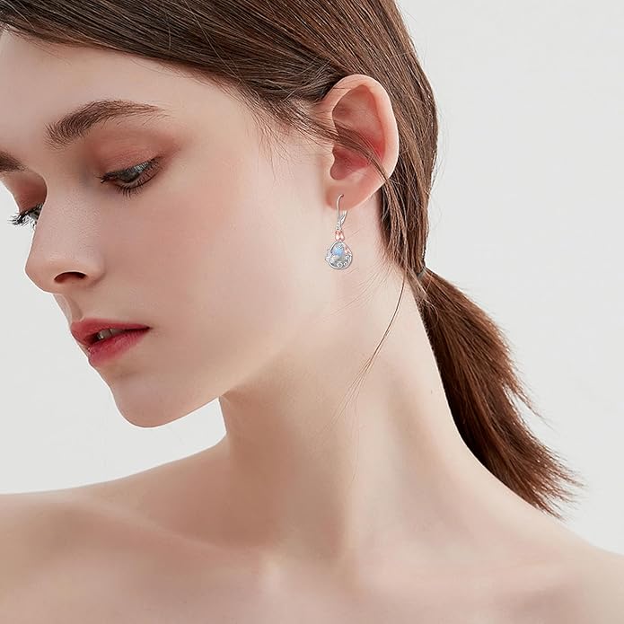 AOBOCO Teardrop Dangle Earrings for Women 925 Sterling Silver Moonstone Flower Filigree Leverback Jewelry Birthday