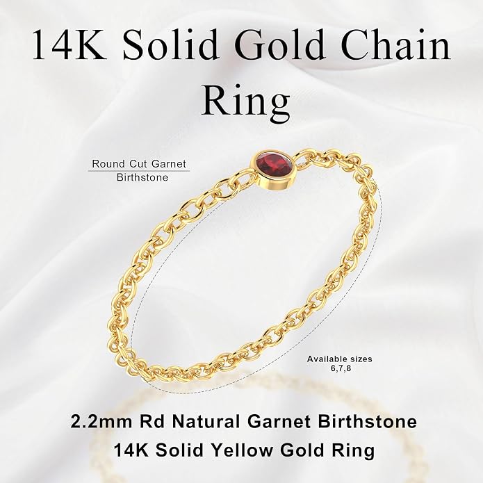 14k Gold Chain Rings for Women with Natural 2.2mm Birthstone, Women's Statement Rings, Chain Rings