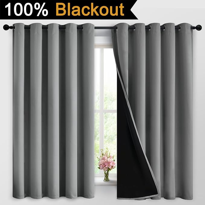 Yakamok Grey Blackout Curtains 63 Inches Long for Bedroom 62" Wide 2 Pcs | Blackout Curtain Panels for Bedroom, 2 Thick Layers Grommet Top Thermal Insulated Drapes with Black Liner for Living Room