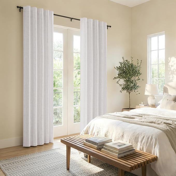 MIULEE Thick Linen White Curtains, 42Wx96L, Semi Sheer Linen Textured | Light Filtering Window Privacy Drapes with Back Tab Rod Pocket for Farmhouse/Living Room/Bedroom, Set of 2