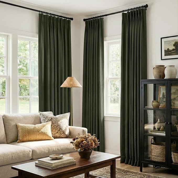 CAPALOCA Loden Green Linen Pinch Pleated Curtains Blackout, 100% Black Out Curtains 90 inch Long for Bedroom, Blackout Thermal Insulated Pinch Pleated Drapes for Living Room, 40" W x 90" L, 2 Panels