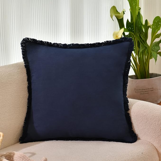 ZWJD Pillow Covers 20x20 Set of 2 Navy Throw Pillow Covers with Fringe Chic Cotton Decorative Pillows Square Cushion Covers for Sofa Couch Bed Living Room Farmhouse Boho Decor