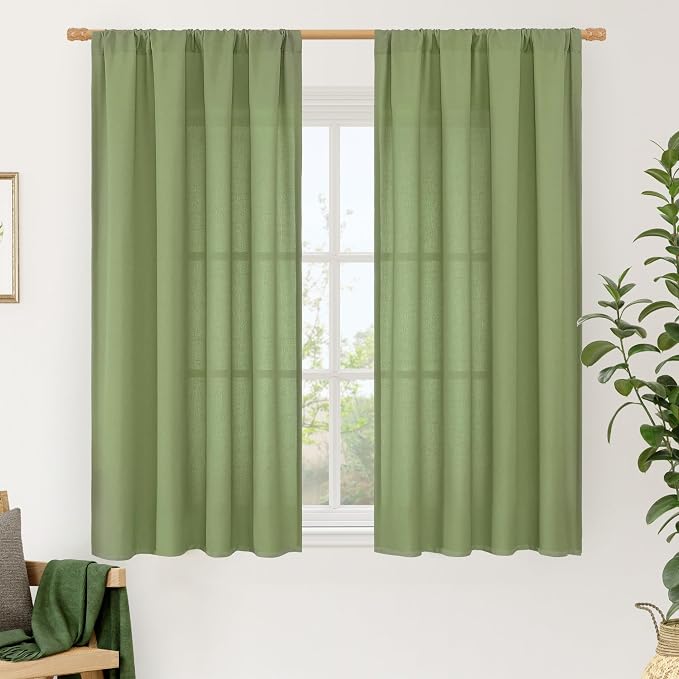 LAMIT 54 Inch Linen Curtains 2 Panels, Soft Faux Linen Light Filtering Panels Rod Pocket Farmhouse Privacy Drapes for Small Window/Loft Room, 42 x 54 Inch, Green