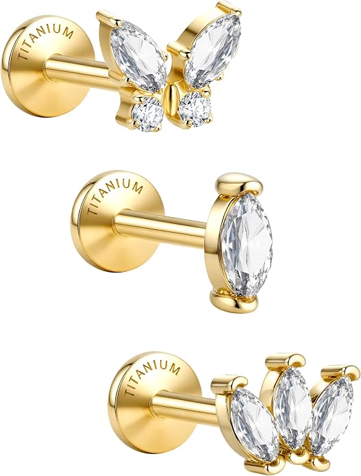 GEMQUEEN G23 Implant Grade Titanium 18G Internally Threaded Flat Back Earrings 5A CZ Studs: 14K Gold Hypoallergenic 3 Pcs Tragus Cartilage Conch Helix Piercing Jewelry for Sensitive Ears Women Men