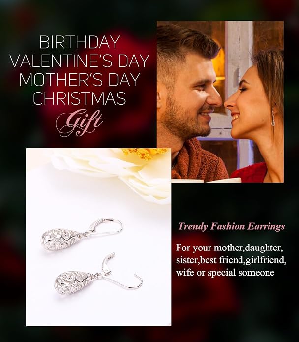 Sterling Silver Leverback Dangle Earrings for Women Teardrop Filigree 14K Gold Plated Dangly Earrings Mother’s Day Gift