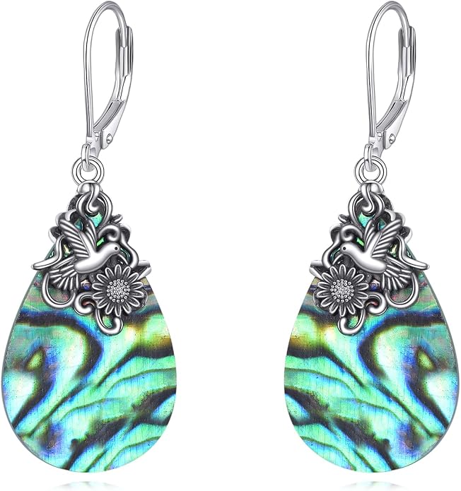 POPLYKE Dragonfly Butterfly Hummingbird Sunflower Earrings 925 Sterling Silver Abalone Shell Moonstone Leverback Earrings Jewelry