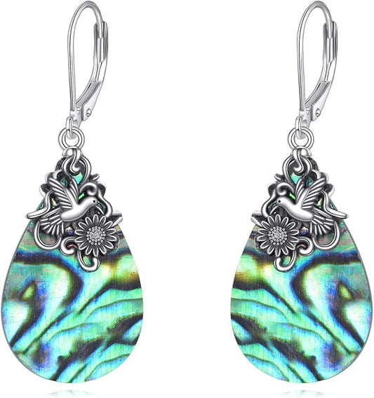 POPLYKE Dragonfly Butterfly Hummingbird Sunflower Earrings 925 Sterling Silver Abalone Shell Moonstone Leverback Earrings Jewelry