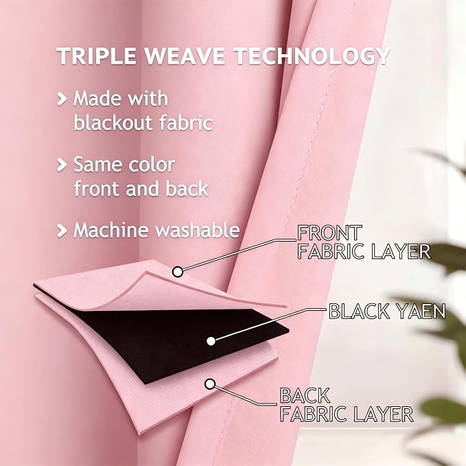 Short Pink Blackout Curtains with Sheer Overlay - Grommet Privacy Drapes, Cute Window Treatments for Kids/Girls Bedroom Nursery LivingRoom, 52 x 54 in, 2 PCs