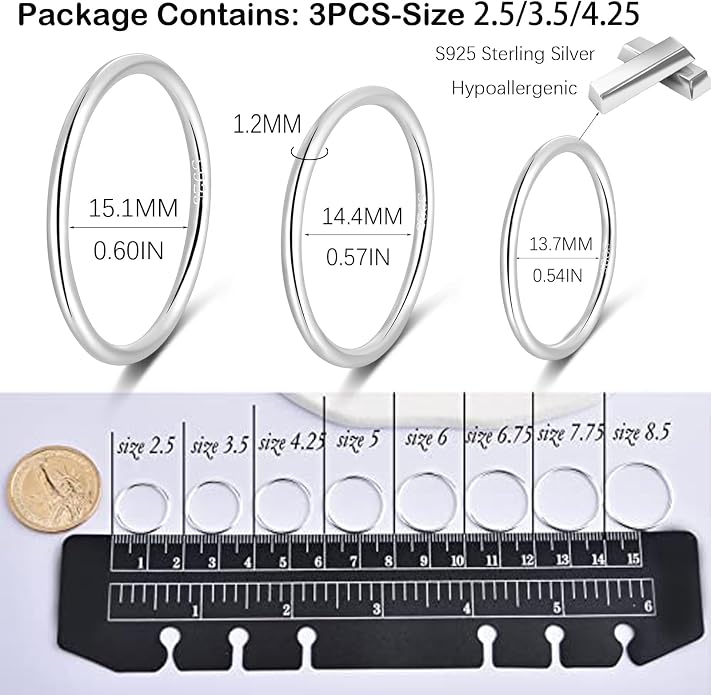 CANDYFANCY 925 Sterling Silver 1.2mm Stacked Midi Thin Rings for Women Knuckle Ring Band Stacking Ring Set Size 2.5-8.5