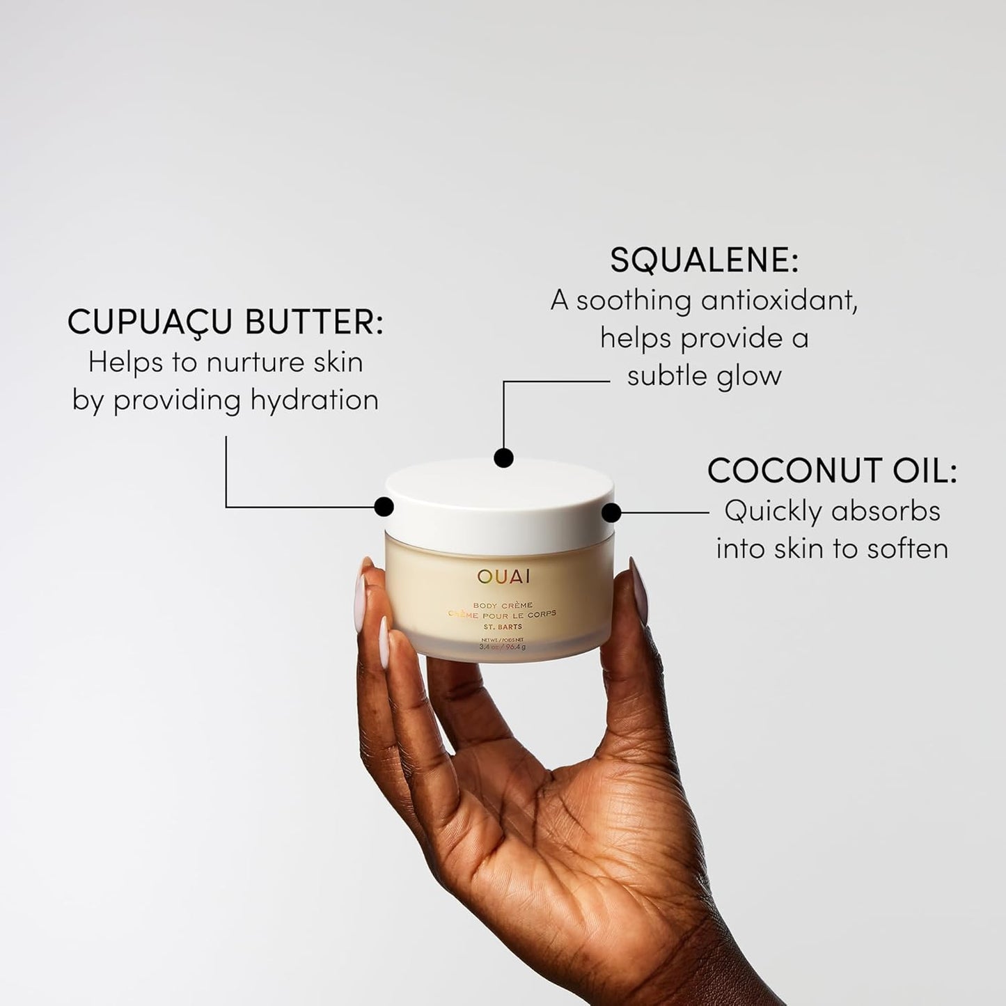 OUAI Body Creme, St. Barts Travel Size - Hydrating Whipped Body Cream with Cupuaçu Butter, Coconut Oil & Squalane - Softens Skin & Delivers Radiant Glow - Sulfate-Free Skin Care (3.4 oz)