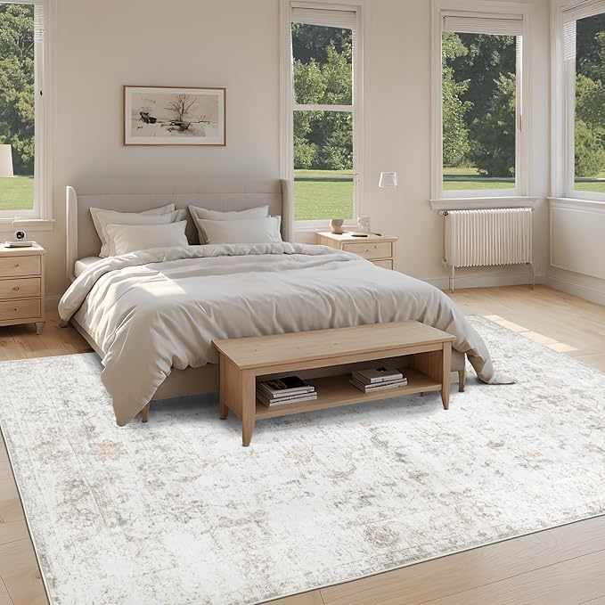 Washable 5×7 Area Rug for Living Room, Vintage Floral Rug Soft Non Slip Stain Resistant Boho Carpet for Bedroom Dinning Room Home Office Beige New
