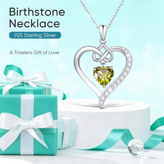 925 Sterling Silver Birthstone Heart Necklace for Women - Infinity Love Pendant with Cubic Zirconia, 12 Colors, Valentine's Day Gift for Her, 12 Months, Birthday Anniversary Christmas Jewelry Gifts