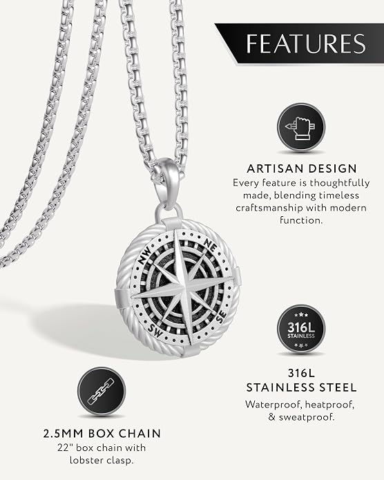 RTZN® Pendant Necklace for Men – Premium Stainless Steel Silver Pendant Necklace with 22" Chain – Waterproof & Non-Tarnish Small Pendants for Men – Bold Symbols of Strength & Legacy