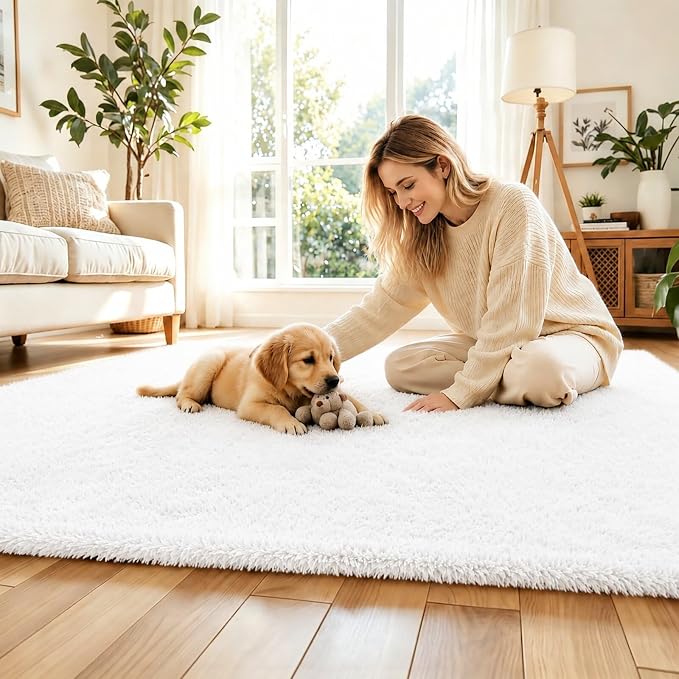 Fluffy Rug Shag Area Rug,White 3x5 Area Rugs for Bedroom | Non-Slip Small Soft Bedside Rug for Entryway,Living Room and Home Office