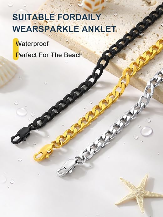 ChainsPro Resizable Anklet Chain for Women Men, Figaro/Wheat/Twist Rope/Cuban Foot Bracelet-Strong with Good Clasp-18K Gold Plated(Send Gift Box)
