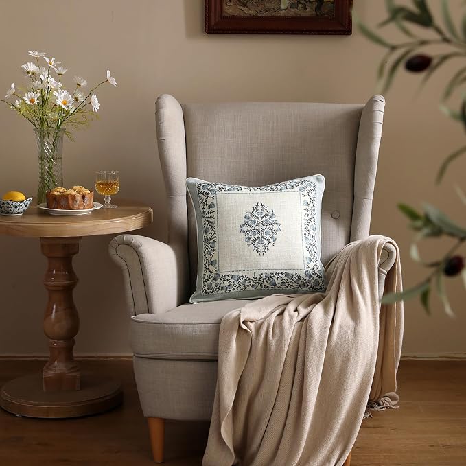 ISAENNE Designer Linen Throw Pillow Cover,Set of 2,18"x18"-Segerman A | Elegant Chinoiserie Square Pillow Cover,Concealed Zipper Design,Floral Pattern,Sofas,Bedroom,Living Room,Lounge Chairs