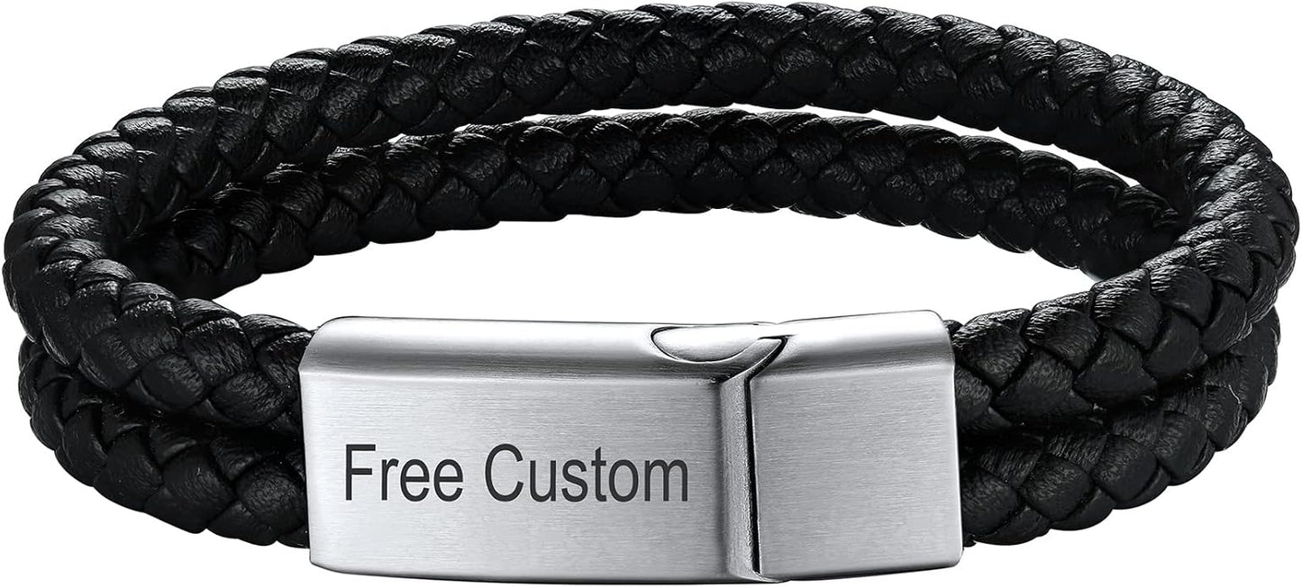 ChainsHouse Mens Wrap Braided Leather Black Bead Bracelets Bangles, Vintage Star of David/Wing Skull/Templar Cross Genuine Leather Bracelet, Customize Available, Size 7.5/8.3/9.0 Inch, Send Gift Box